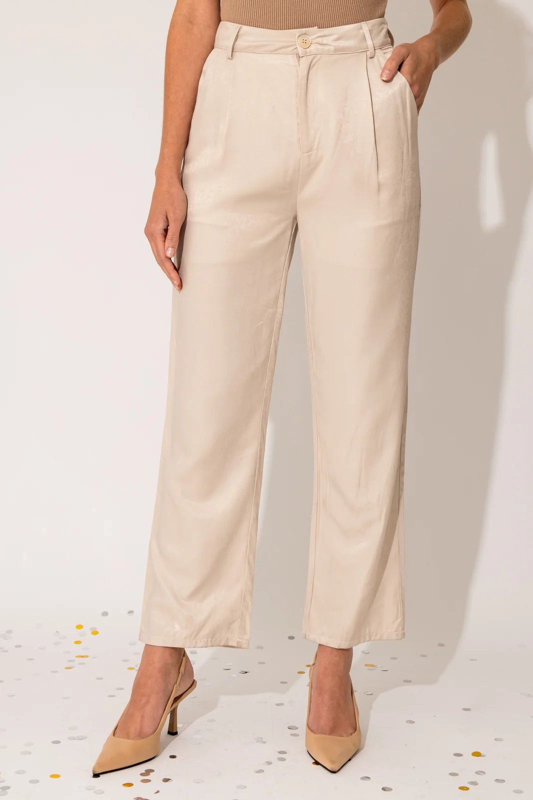 Satin Crop, pleated slacks